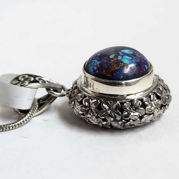 2011 925 Artisian Natural Purple Copper Turquoise Round Pendant 18" Silver Chain - Picture 10 of 10